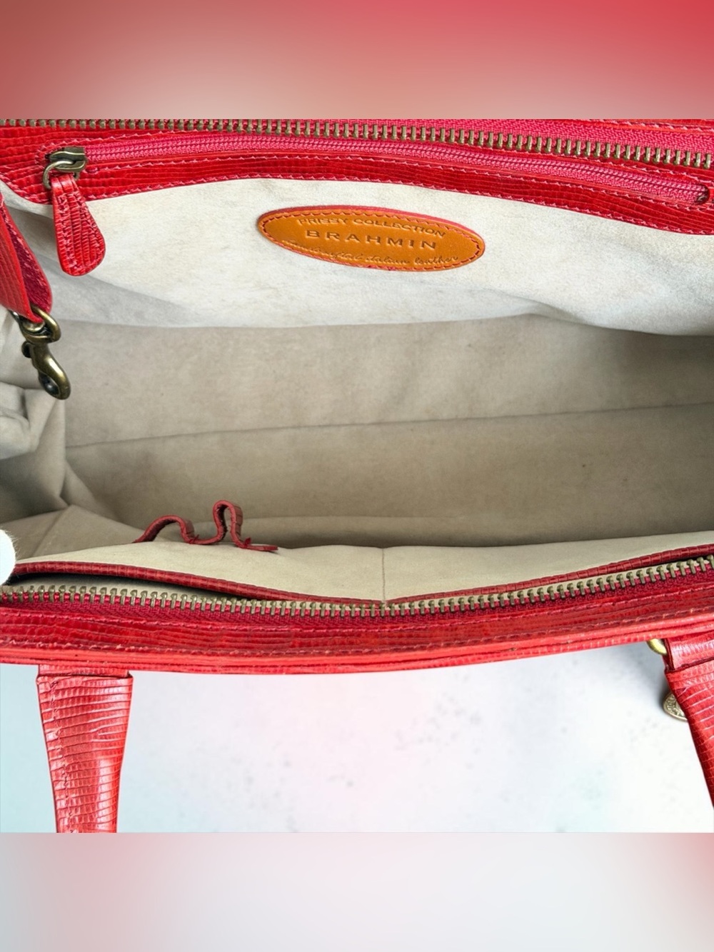 Vintage Brahmin Prissy Collection Vivian Satchel Red Croc Italian Leather Bag - Picture 9 of 15